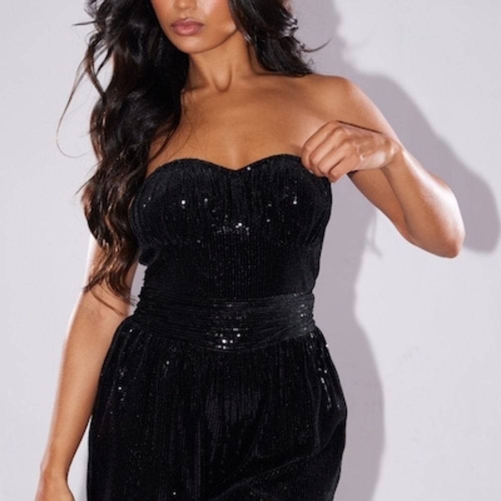 PrettyLittleThing Black Sequin Strapless Gown